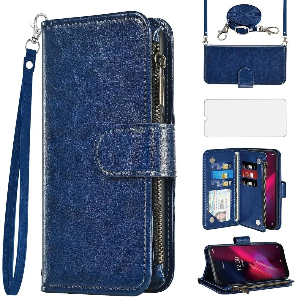 T Mobile Revvl 4‎ Wallet Case Leather Blue Zipper Card Holder Lanyard Strap